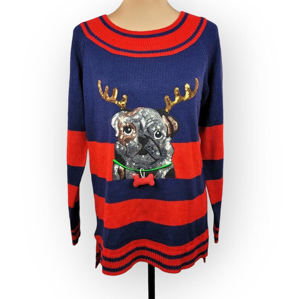 Holiday Time Sequin Bulldog Striped Christmas Sweater Medium Festive Novelty